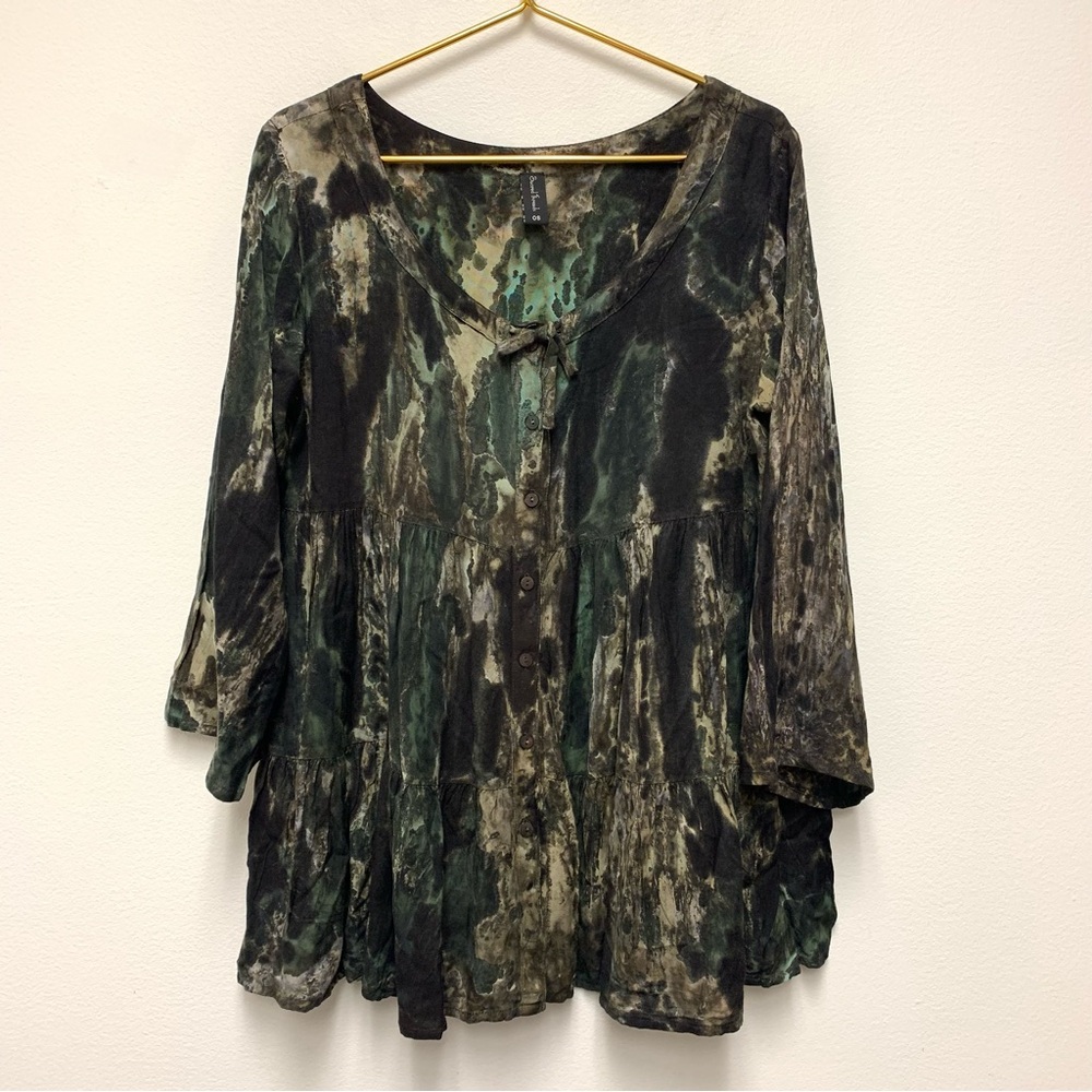 Sacred Threads Tiered Babydoll Peasant Top Camo Tie Dye Boho Hippie Forest Fairy